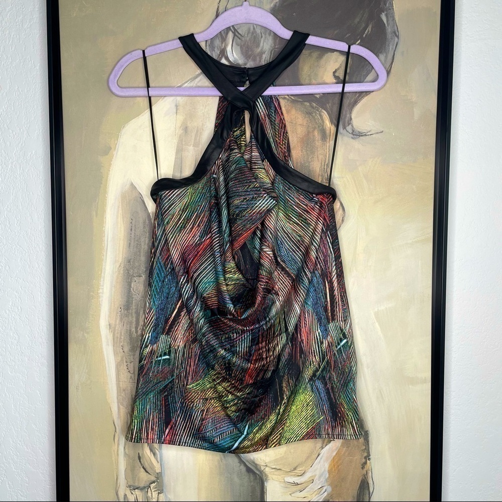 GUESS Multicolor Abstract Print Strappy Cowl Cutout Top